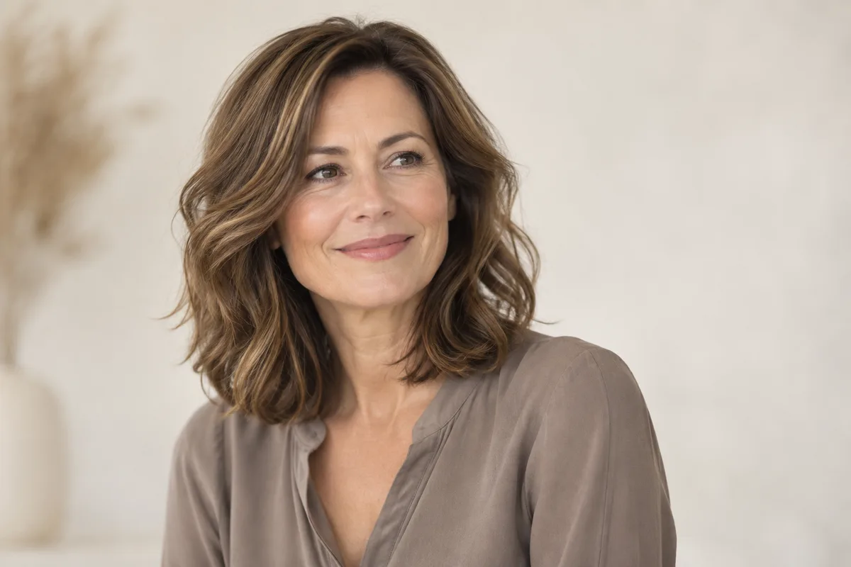 Frisuren-Inspiration mit sanften Wellen und warmen Brauntönen